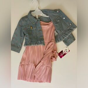 NWT Nannette Baby 3 Pc Set Pink Dress Bloomers Denim Jacket Coral Rose Pleated